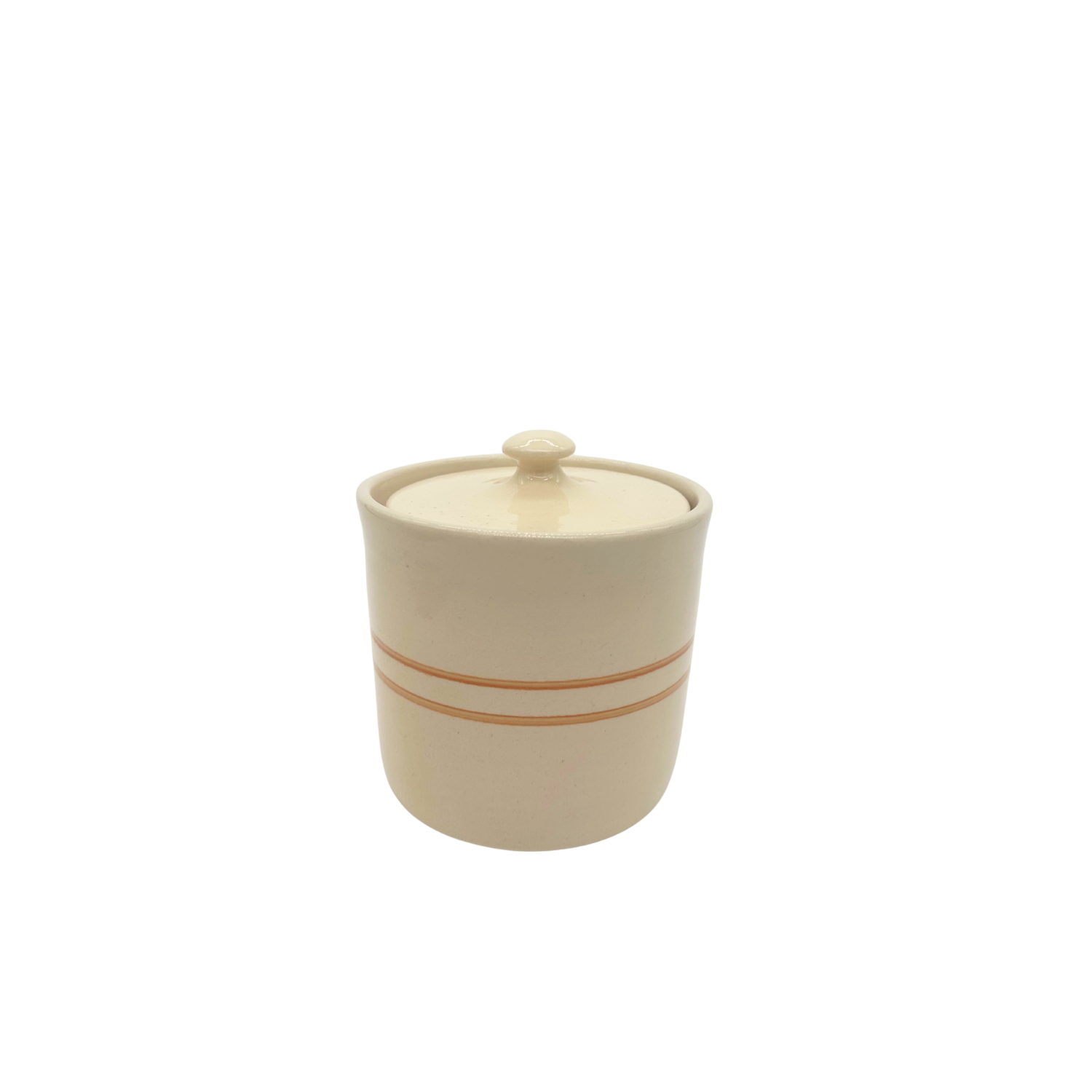 Striped stoneware crock with lid handmade in the USA